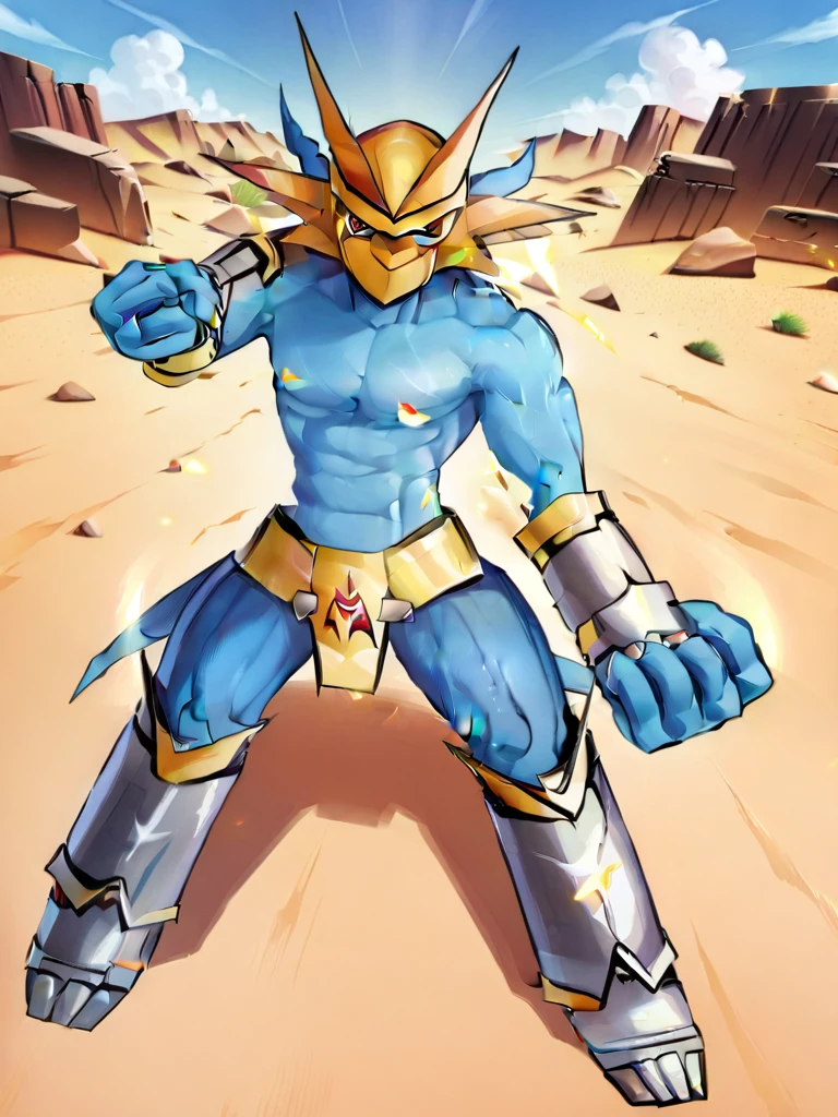 solo,angry Magnamon,tall, musclar,blue and white skin,(battle damaged:1.5),(topless Magnamon:2),(armor fragments:1.5),(shirtless:1.5), fighting_stance, in desert ,full_shot
