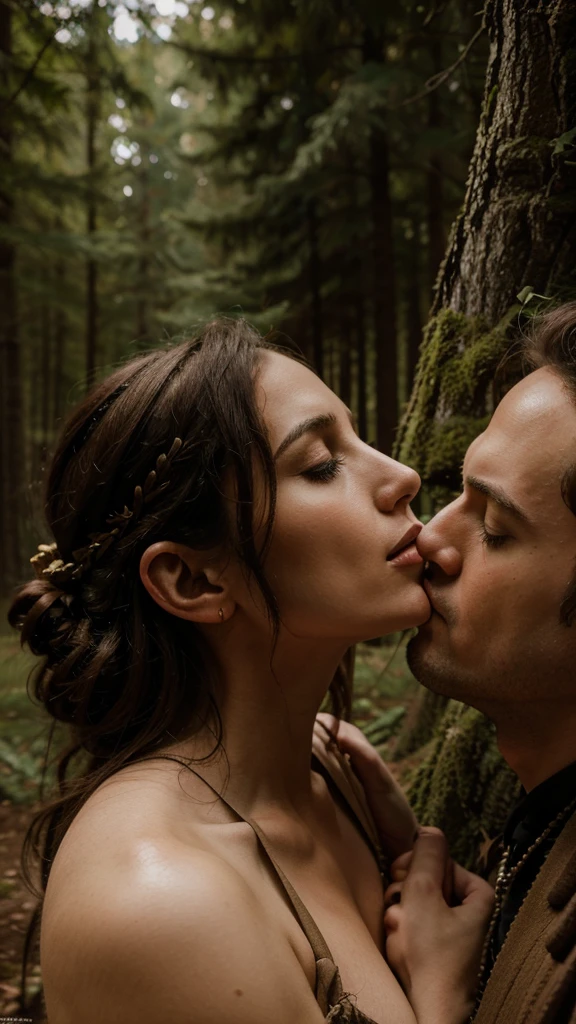 Medieval man and woman kissing making love in forest, high detail oilpain style