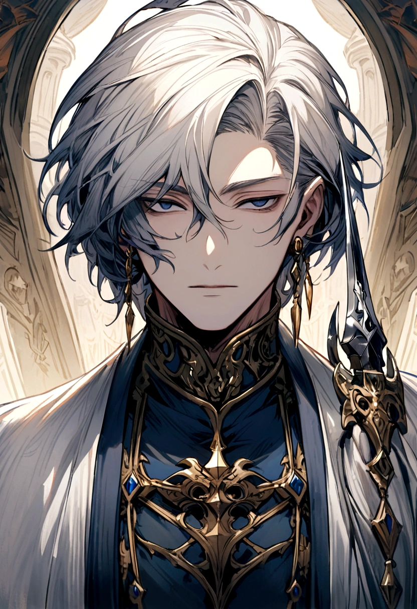 doctor　male　elder　Fantasy　White　Navy blue clothes　Scalpel-like sword　Slanted Eyes　Best　Character portrait