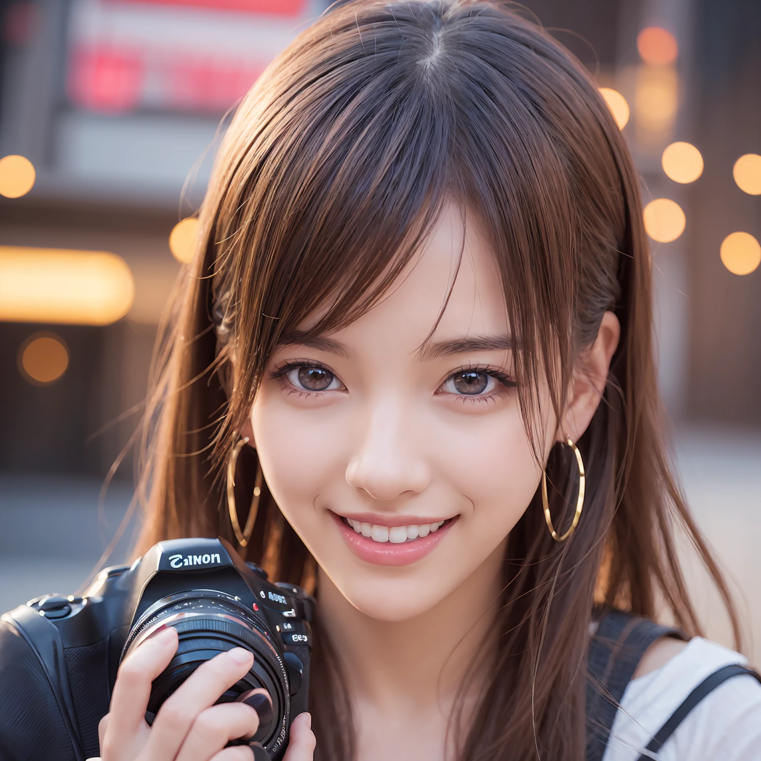 anime girl with camera and earrings holding a camera, beautiful anime portrait, stunning anime face portrait, happy, laughing, detailed portrait of anime girl, ig model | artgerm, portrait anime girl, detailed digital anime art, extremely detailed artgerm, 8k artgerm bokeh, artgerm. anime illustration, realistic anime artstyle