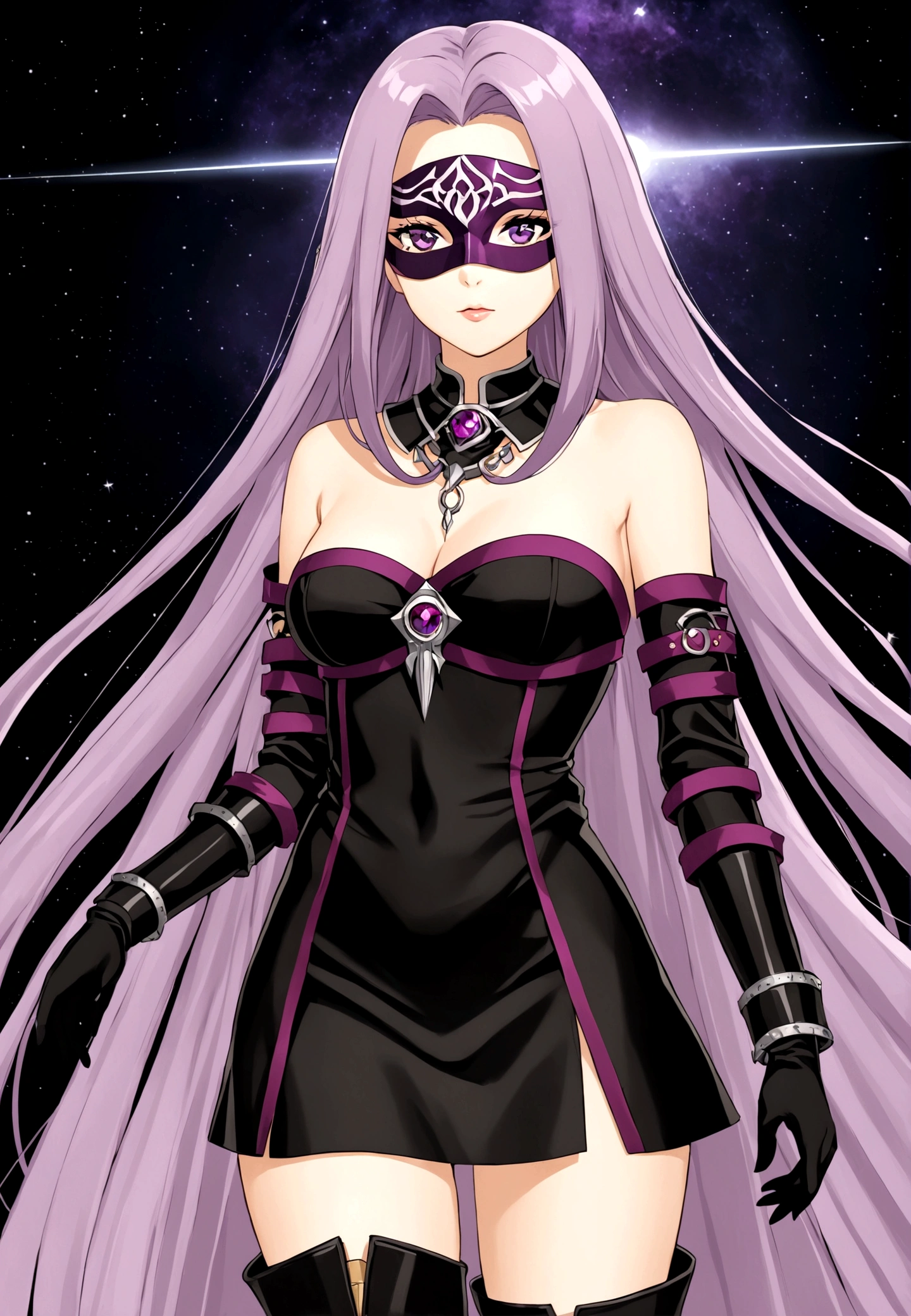 1girl,Purple Hair,Forehead Mark，Purple eye mask，Collar，purple and black clothes，boots，Long hair，Strapless，Strapless连衣裙，thigh boots，breast，Medusa \ (destiny \)，Medusa \ (knight \) \ (destiny \)，solo，Simple background