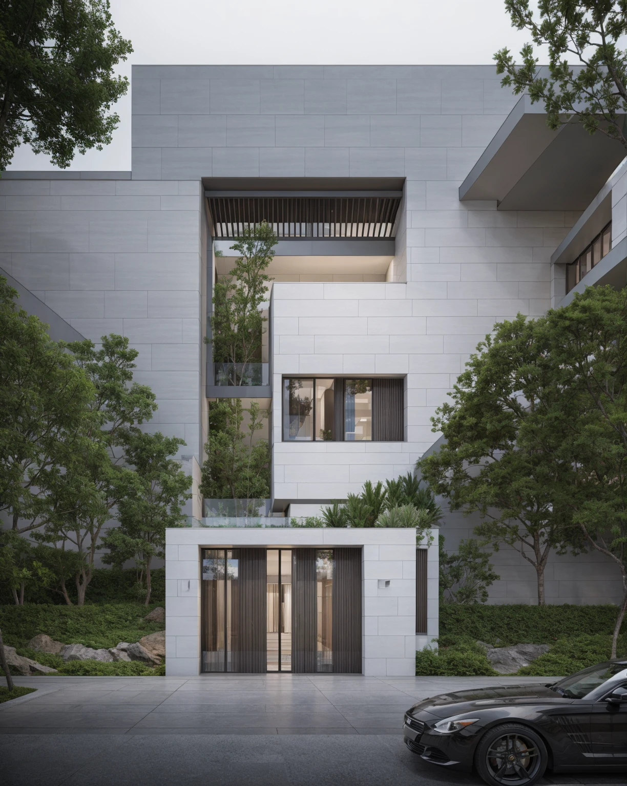 RAW photo, Exterior of two story white modern house, road, ((sidewalk)), ((sidewalk trees)), residences area, day time, tropical trees and plants, (high detailed:1.2), 8k uhd, dslr, soft lighting, high quality, film grain, Fujifilm XT3)