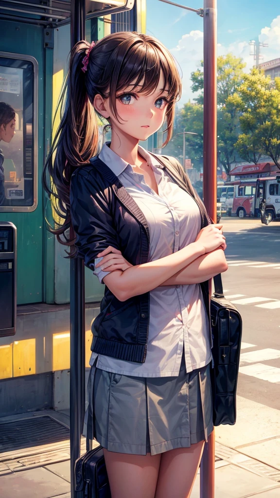 A beautiful girl looking at a boy at the bus stand