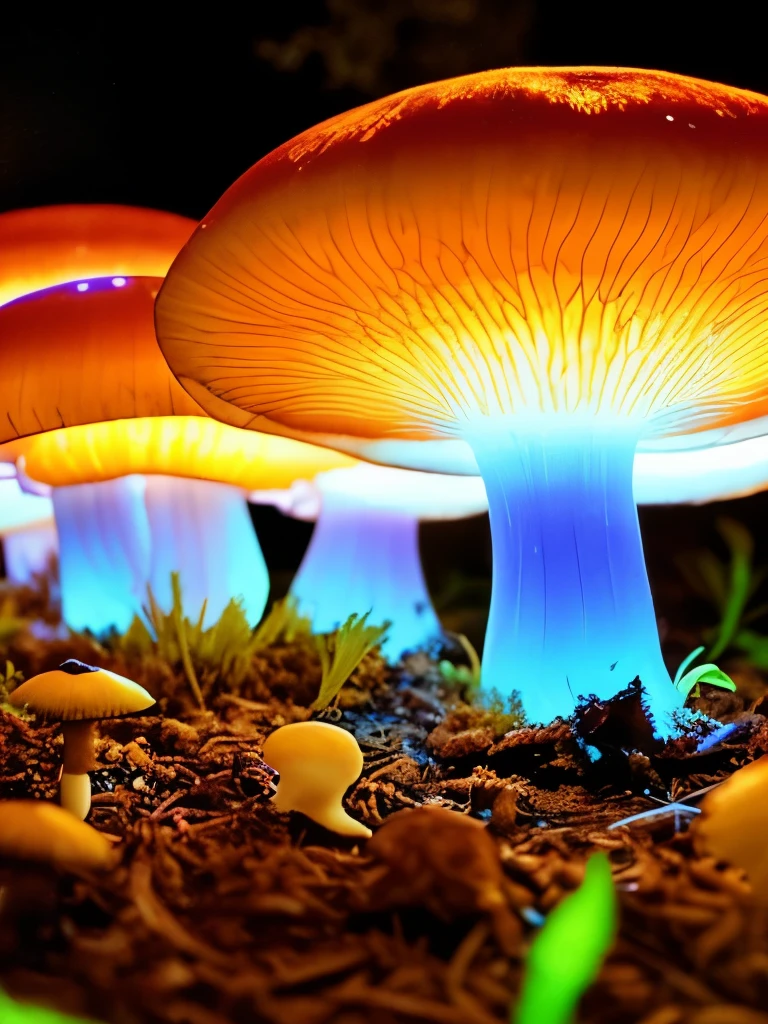 a close up of a bunch of mushrooms growing on a tree, a macro photograph by Stefan Lochner, flickr, art nouveau, glowing fungus, giant fluorescent fungi, glowing mushrooms, fluorescent mushrooms, neon yellow glowing mushrooms, bioluminescent mushrooms, neon mushrooms, glowing blue mushrooms, glowing green, green glows, greenish lighting, glowing in the dark, translucent mushrooms