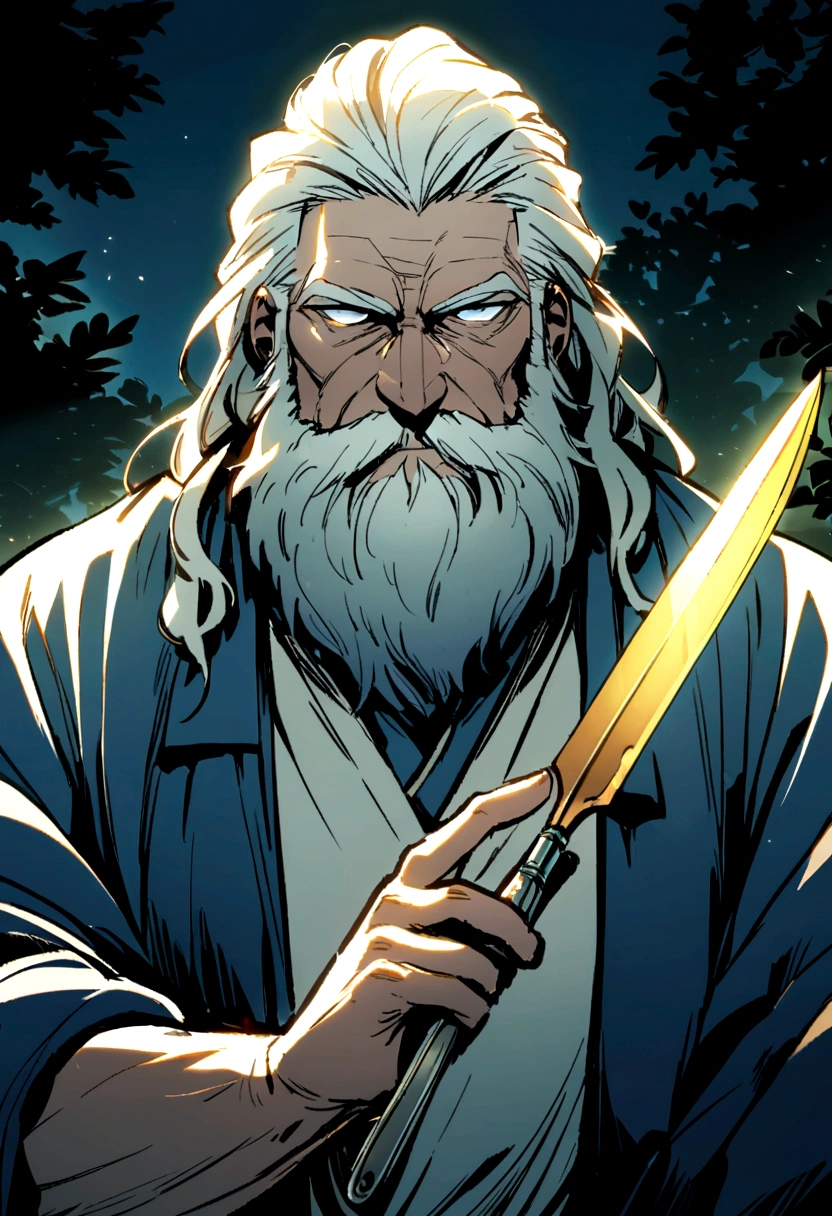 doctor　male　elder　Fantasy　White　Navy blue clothes　Scalpel-like sword　Slanted Eyes　Best　Character portrait　whole body　Beard