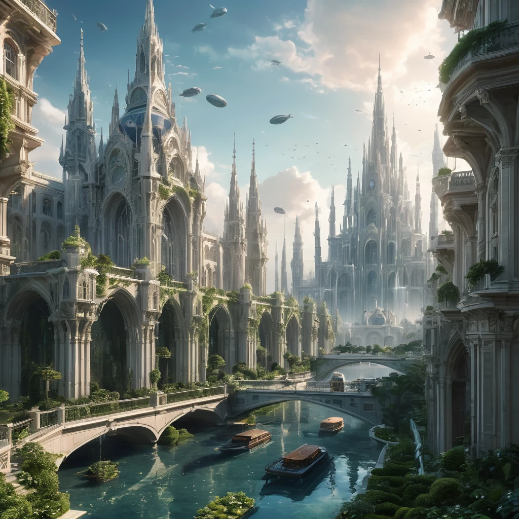 Create an incredibly amazing and fantastical architectural image. Imagine a grand cityscape where futuristic and ancient architectural styles seamlessly blend together. Towering skyscrapers made of gleaming glass and steel are interwoven with colossal stone structures adorned with intricate carvings and lush hanging gardens.
In the foreground, a majestic palace stands on a high plateau, its spires reaching towards the sky. The palace is a fusion of Gothic and futuristic design elements, featuring pointed arches, flying buttresses, and shimmering energy fields that illuminate its surface. Surrounding the palace are lush, terraced gardens with cascading waterfalls that glow with bioluminescent light.
The streets below are a network of winding pathways and canals, lined with buildings that range from ultra-modern geometric shapes to classical domed structures. Bridges made of transparent materials span the canals, and the streets are bustling with a mix of futuristic vehicles and traditional market stalls.
In the background, a monumental gateway stands as the entrance to the city, flanked by towering statues of mythical beings. Above, the sky is a mesmerizing blend of twilight hues, with floating islands and airships dotting the horizon, adding to the sense of wonder and scale.
The color palette should be rich and diverse, with the warm glow of the palace and bioluminescent elements contrasting against the cool tones of the modern skyscrapers. Use detailed, flowing lines to capture the intricate beauty of the architectural designs and the harmonious coexistence of different styles.
The entire image should evoke a sense of grandeur, innovation, and timeless beauty, capturing the viewer's imagination with the unique and fantastical fusion of architectural marvels.