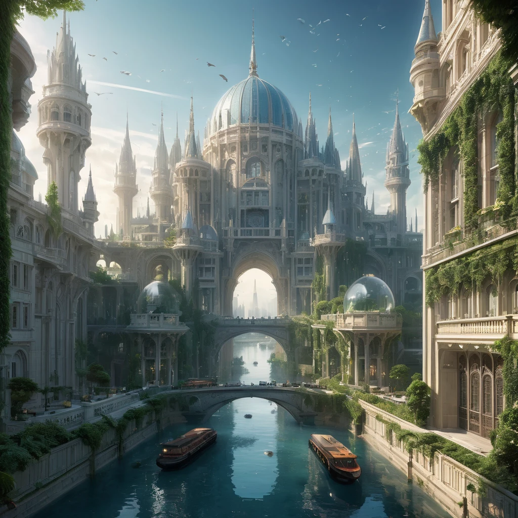 Create an incredibly amazing and fantastical architectural image. Imagine a grand cityscape where futuristic and ancient architectural styles seamlessly blend together. Towering skyscrapers made of gleaming glass and steel are interwoven with colossal stone structures adorned with intricate carvings and lush hanging gardens.
In the foreground, a majestic palace stands on a high plateau, its spires reaching towards the sky. The palace is a fusion of Gothic and futuristic design elements, featuring pointed arches, flying buttresses, and shimmering energy fields that illuminate its surface. Surrounding the palace are lush, terraced gardens with cascading waterfalls that glow with bioluminescent light.
The streets below are a network of winding pathways and canals, lined with buildings that range from ultra-modern geometric shapes to classical domed structures. Bridges made of transparent materials span the canals, and the streets are bustling with a mix of futuristic vehicles and traditional market stalls.
In the background, a monumental gateway stands as the entrance to the city, flanked by towering statues of mythical beings. Above, the sky is a mesmerizing blend of twilight hues, with floating islands and airships dotting the horizon, adding to the sense of wonder and scale.
The color palette should be rich and diverse, with the warm glow of the palace and bioluminescent elements contrasting against the cool tones of the modern skyscrapers. Use detailed, flowing lines to capture the intricate beauty of the architectural designs and the harmonious coexistence of different styles.
The entire image should evoke a sense of grandeur, innovation, and timeless beauty, capturing the viewer's imagination with the unique and fantastical fusion of architectural marvels.