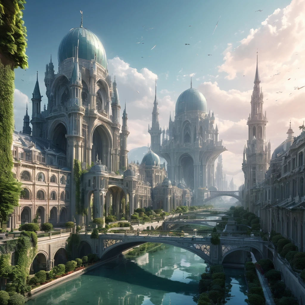 Create an incredibly amazing and fantastical architectural image. Imagine a grand cityscape where futuristic and ancient architectural styles seamlessly blend together. Towering skyscrapers made of gleaming glass and steel are interwoven with colossal stone structures adorned with intricate carvings and lush hanging gardens.
In the foreground, a majestic palace stands on a high plateau, its spires reaching towards the sky. The palace is a fusion of Gothic and futuristic design elements, featuring pointed arches, flying buttresses, and shimmering energy fields that illuminate its surface. Surrounding the palace are lush, terraced gardens with cascading waterfalls that glow with bioluminescent light.
The streets below are a network of winding pathways and canals, lined with buildings that range from ultra-modern geometric shapes to classical domed structures. Bridges made of transparent materials span the canals, and the streets are bustling with a mix of futuristic vehicles and traditional market stalls.
In the background, a monumental gateway stands as the entrance to the city, flanked by towering statues of mythical beings. Above, the sky is a mesmerizing blend of twilight hues, with floating islands and airships dotting the horizon, adding to the sense of wonder and scale.
The color palette should be rich and diverse, with the warm glow of the palace and bioluminescent elements contrasting against the cool tones of the modern skyscrapers. Use detailed, flowing lines to capture the intricate beauty of the architectural designs and the harmonious coexistence of different styles.
The entire image should evoke a sense of grandeur, innovation, and timeless beauty, capturing the viewer's imagination with the unique and fantastical fusion of architectural marvels.