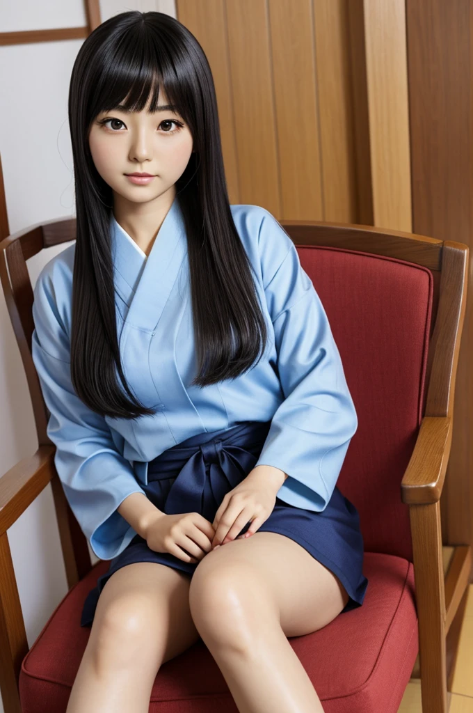 japanese doll like realistic anime a girl sitting with legs crossed in a chair with a giant minji name at the back