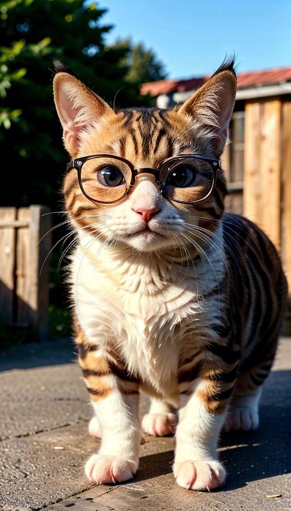 (best quality,4k,8k,highres,masterpiece:1.2),ultra-detailed,(realistic,photorealistic,photo-realistic:1.37),small cute kitty cat wearing thick lens glasses,small pop art,cartoon,farm background