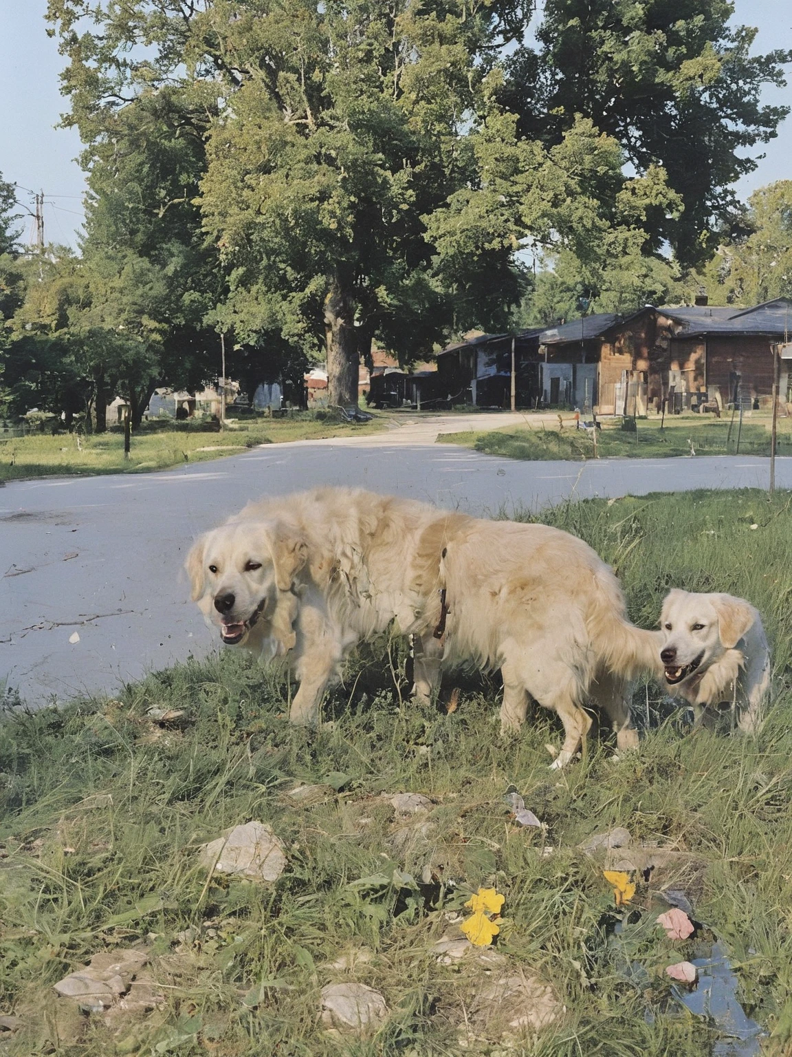 two dogs poop on street