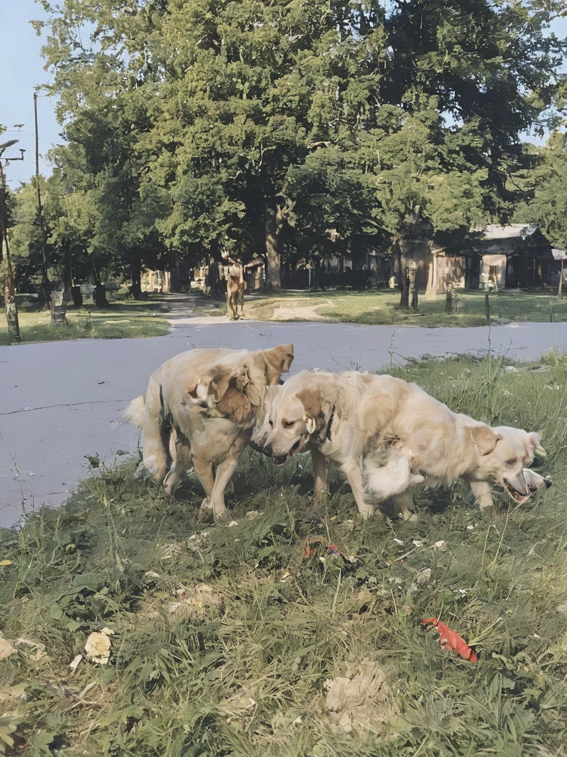 two dogs poop on street