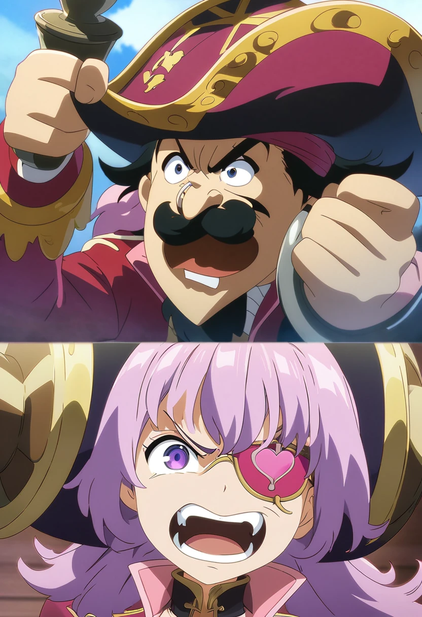 captain hook with pink love-shape eye patch, big-high pirate hat, pink-lilac pirate jacket, hook-hand, long mustache, pointing sword to the sky, shouting, angry expression, anime art, digital anime character, fine digital art