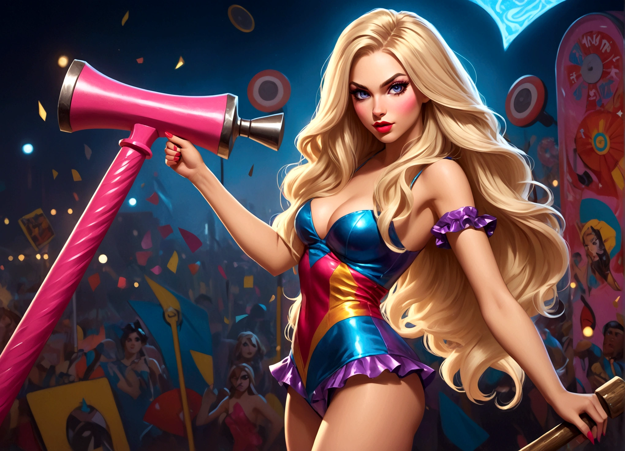 a young woman with long blonde hair, beautiful detailed eyes, beautiful detailed lips, extremely detailed face, long eyelashes, insane flirty look, wearing a crazy sexy outfit, holding an oversized carnival hammer, striking a cute power pose, full body shot, photorealistic, 8k, hyper detailed, cinematic lighting, vivid colors, comic book art style