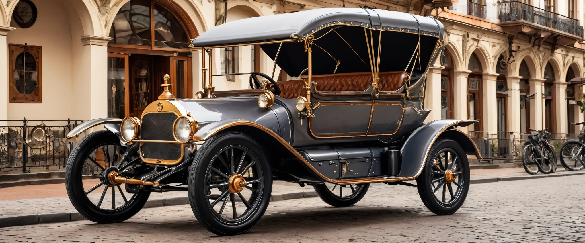 Um carro de corrida steampunk vintage, with details in metallic gray and polished wood, ostenta um spoiler imponente e rodas adornadas com engrenagens. The vehicle is parked in a prominent position, ocupando o centro da cena.