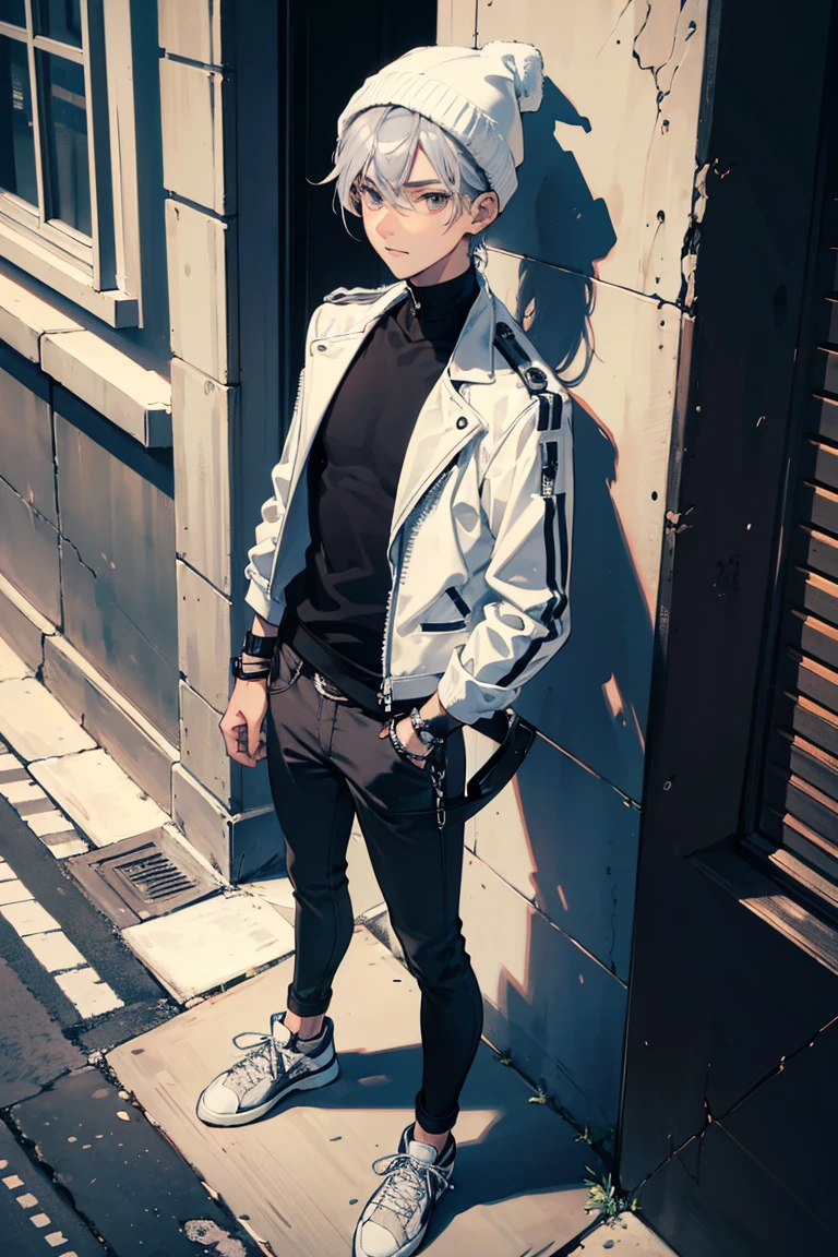 (1 boy), (silver hair), (beautiful almond-shaped gray eyes), cool, nine head proportions, standing, fitted white crew-neck t-shirt, (black leather biker jacket), blue skinny jeans, black high-top sneakers, a black beanie, silver aviator sunglasses, a leather bracelet, a black leather belt, an urban street background, looking at viewer, looking ahead, from above, monochrome background,