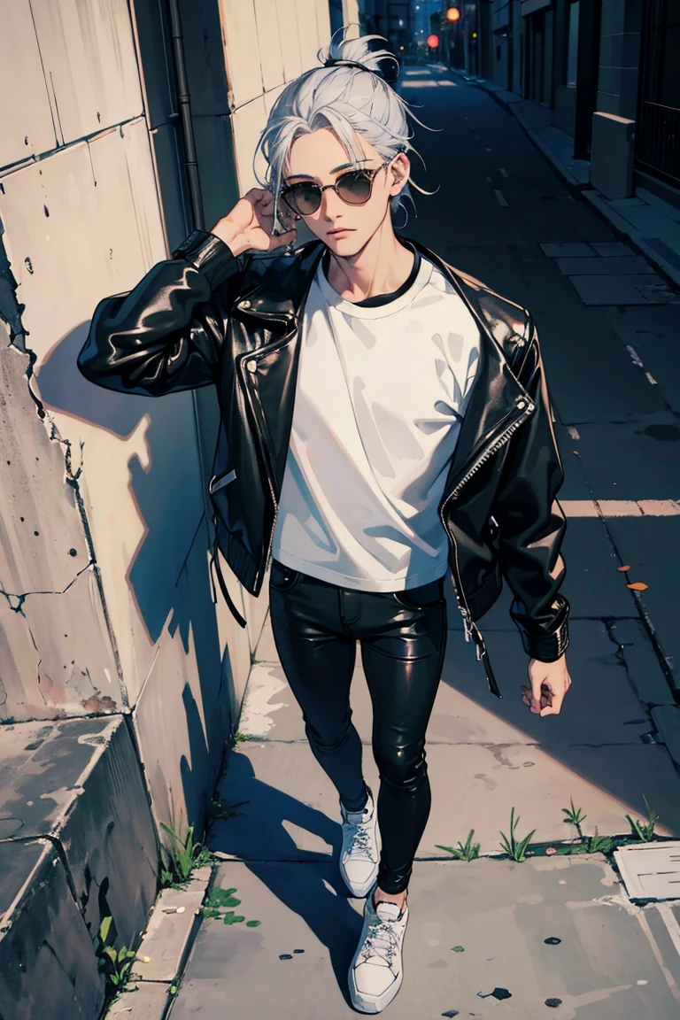 (1 boy), (silver hair), (beautiful almond-shaped gray eyes), cool, nine head proportions, standing, fitted white crew-neck t-shirt, (black leather biker jacket), blue skinny jeans, black high-top sneakers, a black beanie, silver aviator sunglasses, a leather bracelet, a black leather belt, an urban street background, looking at viewer, looking ahead, from above, monochrome background,