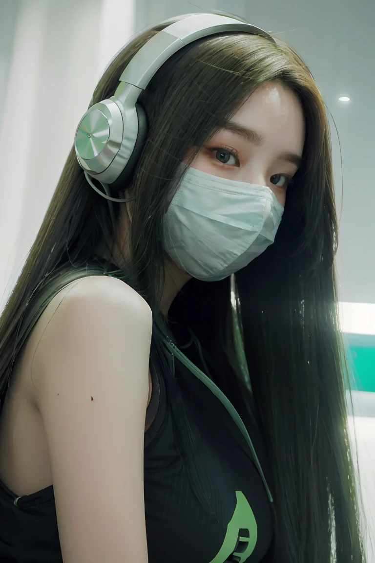 girl with long green hair, green eyes, futuristic vibes, mask on mouth, headphones, 8k, high quality, simple background, glowing eyes, nice pose