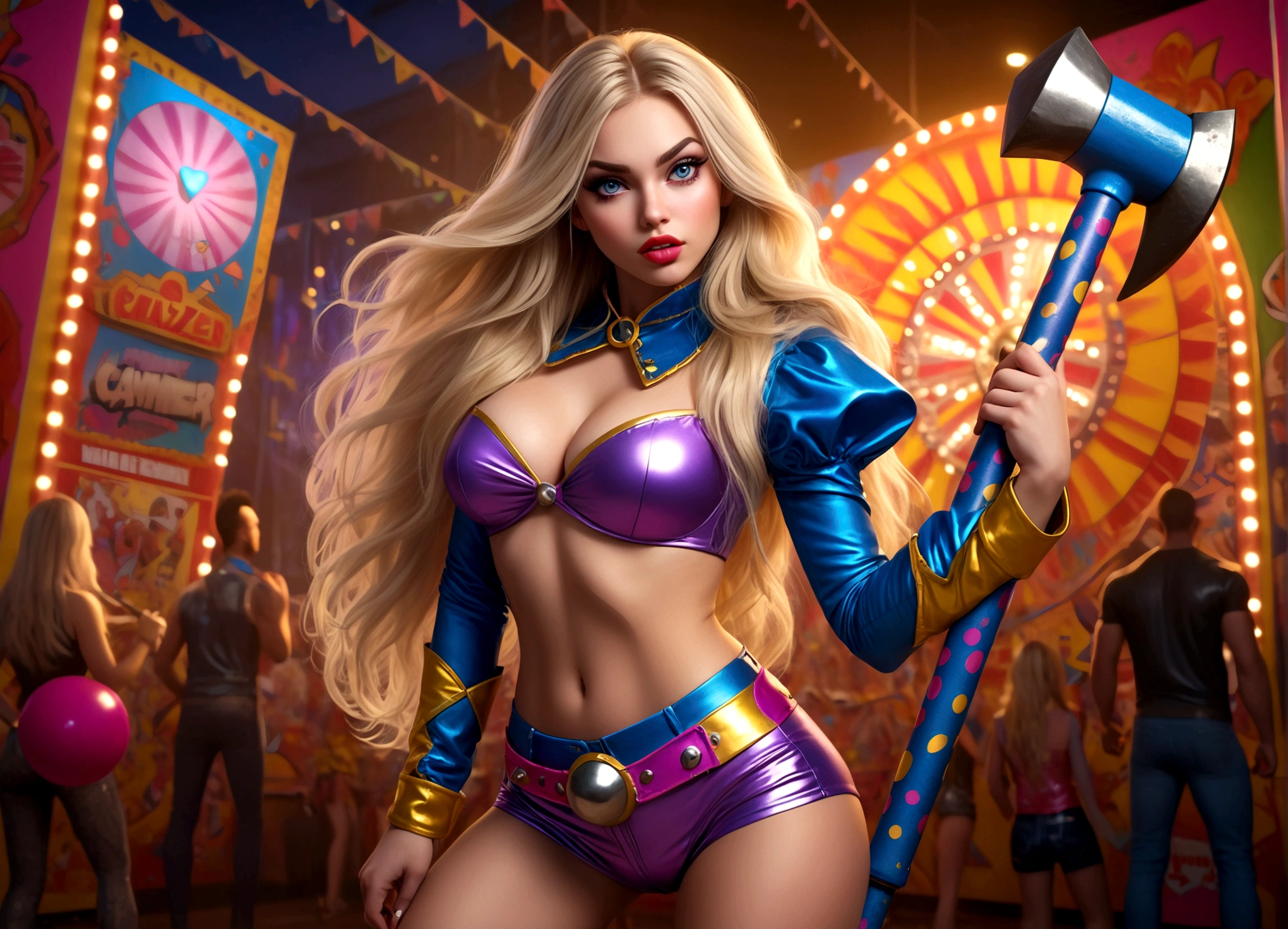 a young woman with long blonde hair, beautiful detailed eyes, beautiful detailed lips, extremely detailed face, long eyelashes, insane flirty look, wearing a crazy sexy outfit, holding an oversized carnival hammer, striking a cute power pose, full body shot, photorealistic, 8k, hyper detailed, cinematic lighting, vivid colors, comic book art style
