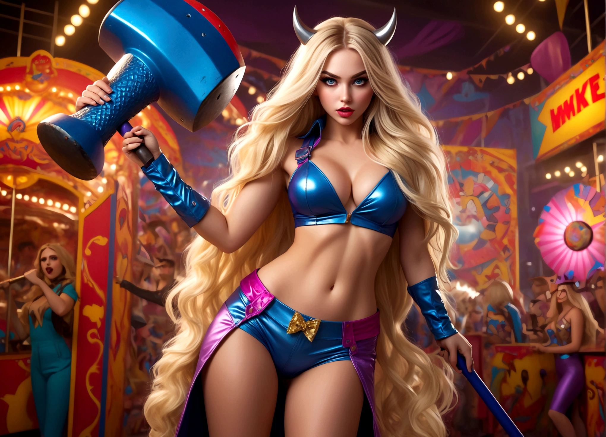 a young woman with long blonde hair, beautiful detailed eyes, beautiful detailed lips, extremely detailed face, long eyelashes, insane flirty look, wearing a crazy sexy outfit, holding an oversized carnival hammer, striking a cute power pose, full body shot, photorealistic, 8k, hyper detailed, cinematic lighting, vivid colors, comic book art style