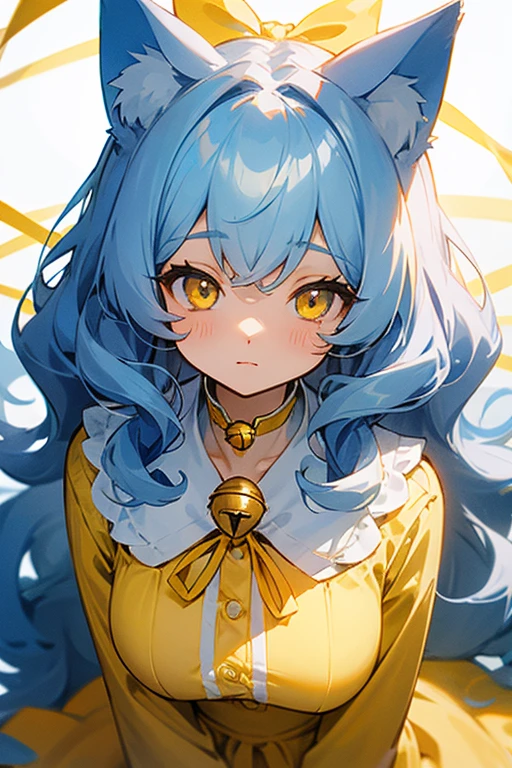 Light blue long curly hair、Cat ear、Yellow Eyes、White blouse、Yellow sweater from above、Light blue ribbon on chest、The ribbon has a bell、Girl、cute