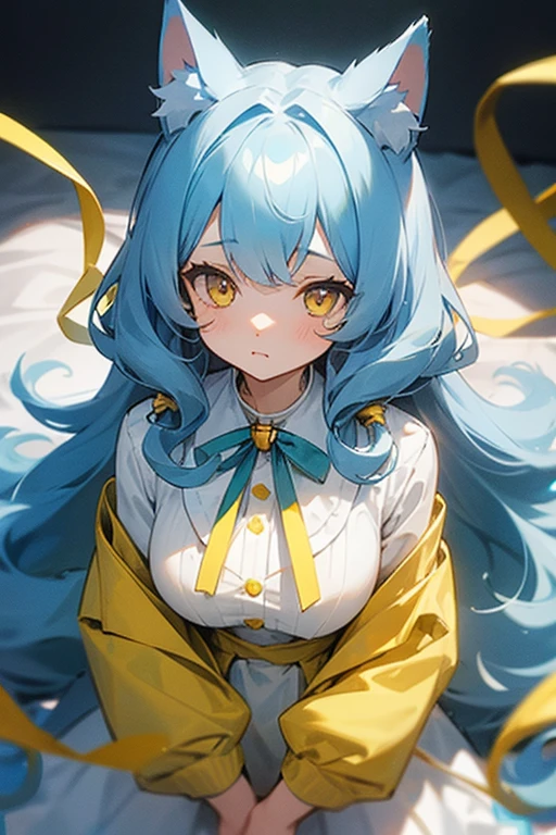 Light blue long curly hair、Cat ear、Yellow Eyes、White blouse、Yellow sweater from above、Light blue ribbon on chest、The ribbon has a bell、Girl、cute