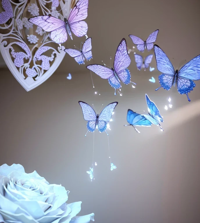 Create a dreamlike atmosphere where 3D roses transform into delicate fractal butterflies., revoloteando alrededor de corazones que emiten un suave brillo, creando una escena encantada de amor fugaz.