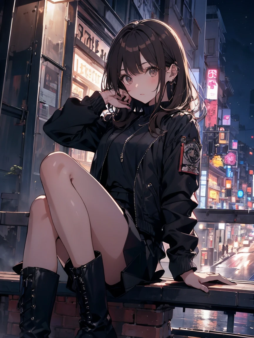 Brown Hair、night、Remains、art、,Black mini skirt,vision,Small face　bangs ,beauty,vision 、Black boots 、One person 、Black jacket、pistol