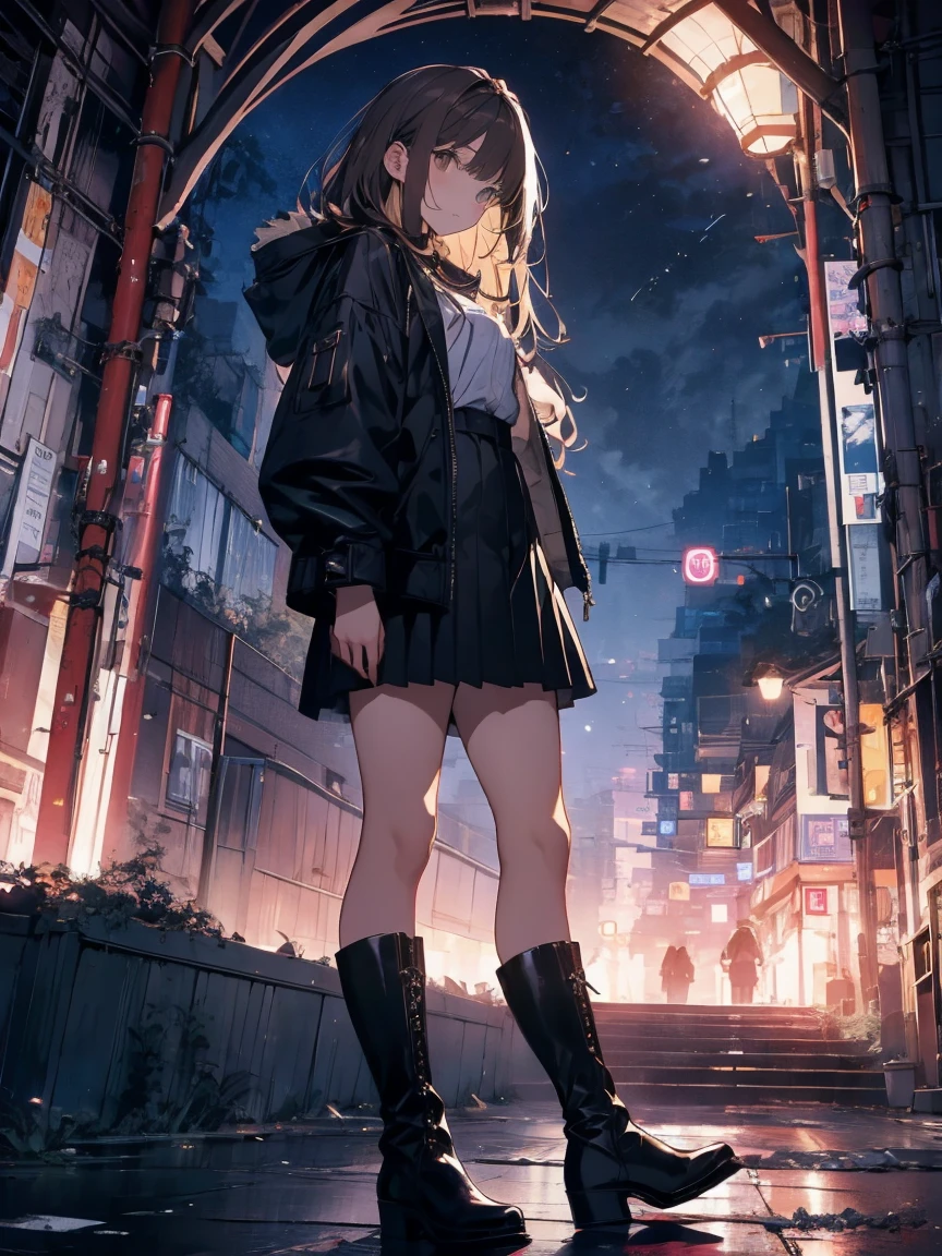 Brown Hair、night、Remains、art、,Black mini skirt,vision,Small face bangs ,beauty,vision 、Black boots 、One person 、Black jacket、pistol