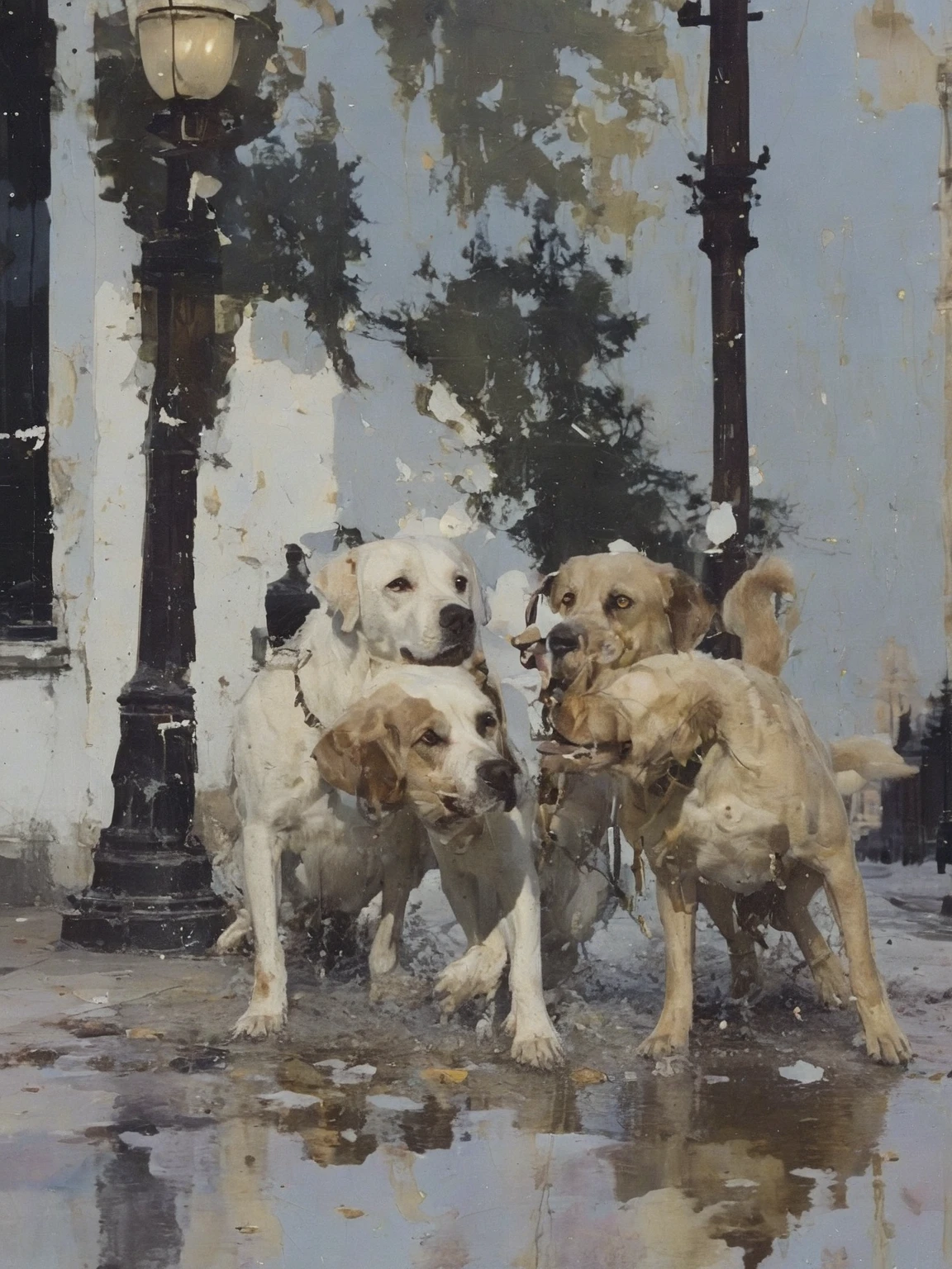 two dogs poop on street