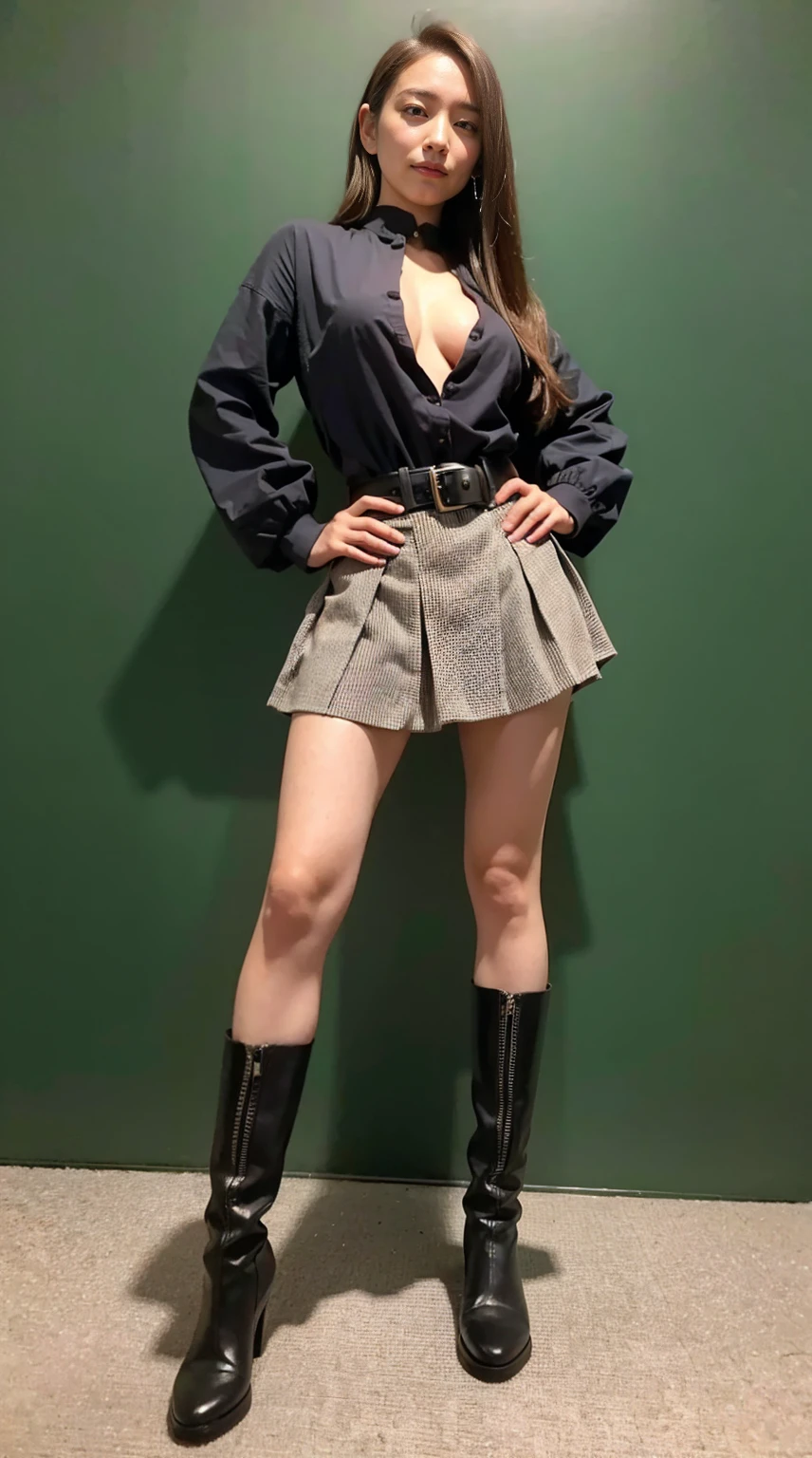 (8k、RAW Photos、Highest quality、masterpiece:1.2)、(Realistic、Photorealistic)、1 Girl、((Black Bondage、mini skirt、boots、I can see your feet、Stand with hands on hips、belt、Big Breasts、Viewed from the front、Stand with your feet apart、))、Lots of eyelashes、Add shine to your eyelids、skeletally correct、smile、Stand with hands on hips、