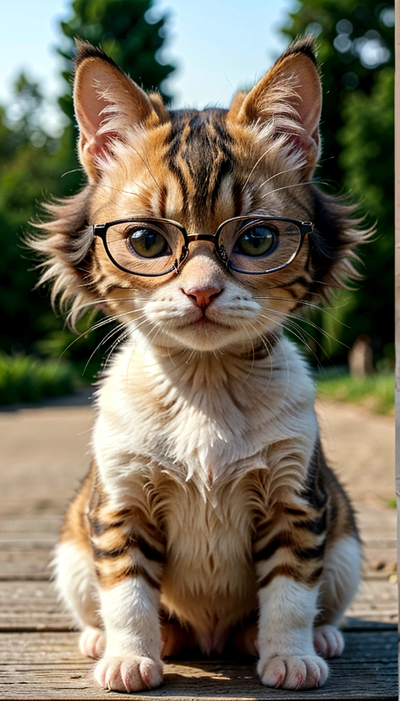 (best quality,4k,8k,highres,masterpiece:1.2),ultra-detailed,(realistic,photorealistic,photo-realistic:1.37),small cute kitty cat wearing thick lens glasses,small pop art,cartoon,farm background