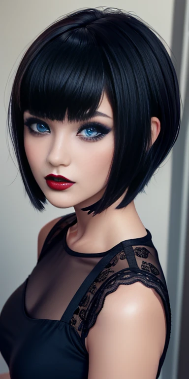 Obra maestra en HD, solo face, beautiful girl with makeup gothic, red lipstick, blue eyes , short hair with bangs style bob, looking at viewer 8k detailed perfect
