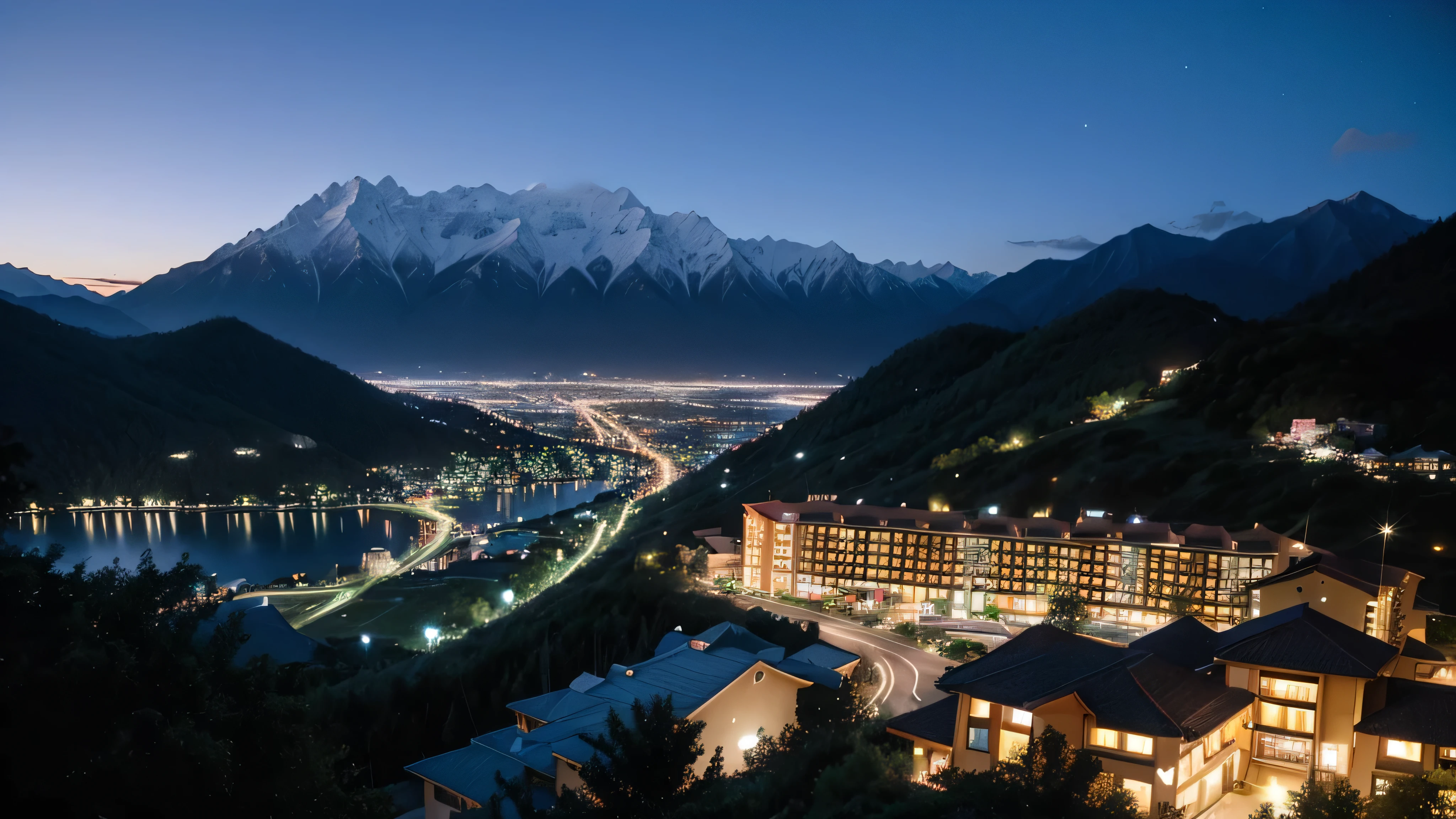 Night view of mountain resort and resort hotel