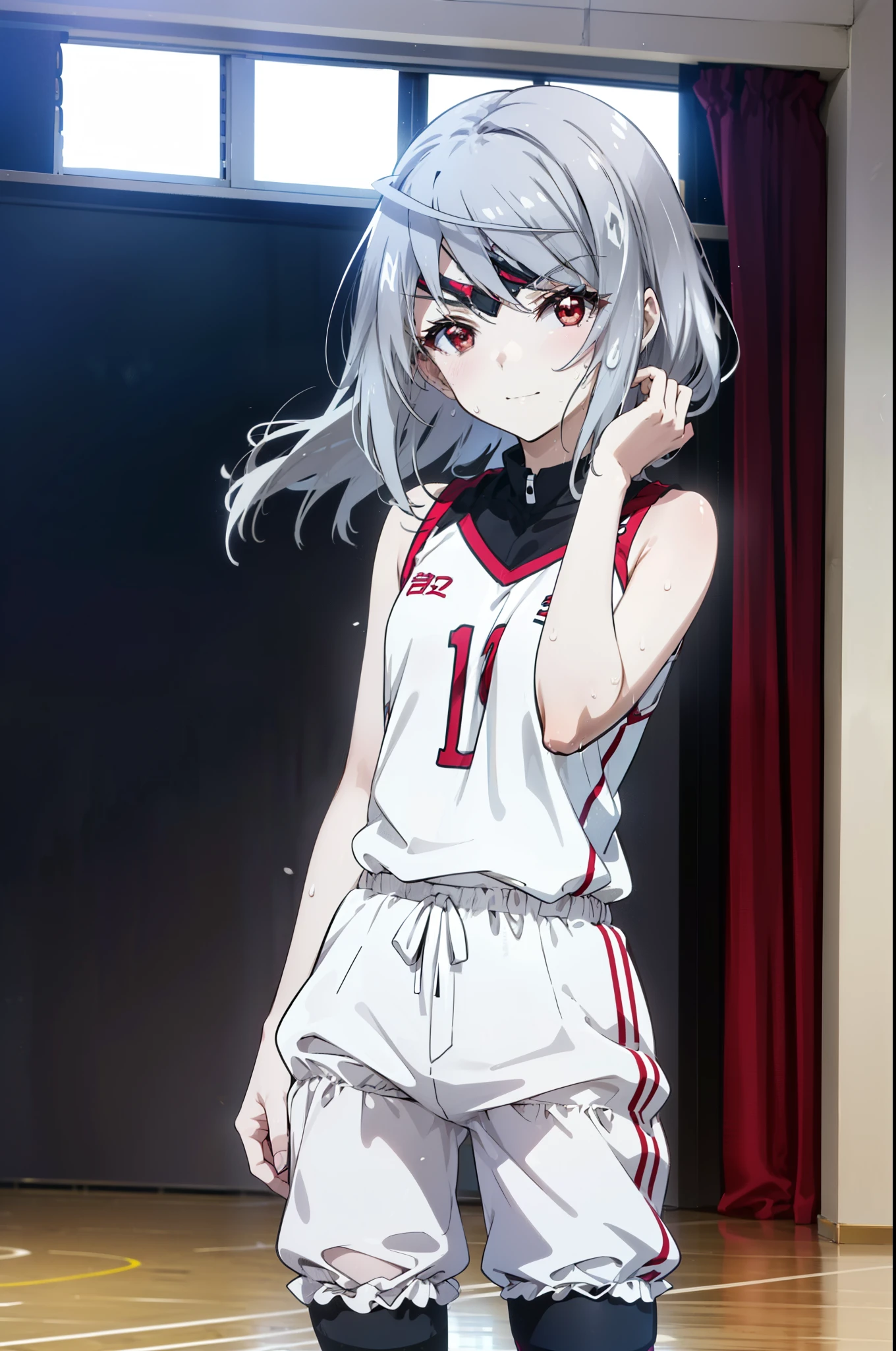 Laurabodewig, Laura Bodewig, Long Hair, (Red eyes:1.3), Grey Hair, Eye patch,smile,
break, (((Stained bloomers))), (Stained Volleyball Uniforms), Sleeveless volleyball uniform, (((Stained bloomers))), (Knee pads), (Elbow pads), (bare hands), ((Sweat)), ((covered in Sweat)), (breathe), Volleyball court, Ballet Shoes,whole bodyがイラストに入るように,
break indoors, gym,
break looking at viewer,whole body, (Cowboy Shot:1.5),
break (masterpiece:1.2), Highest quality, High resolution, unity 8k wallpaper, (figure:0.8), (Beautiful attention to detail:1.6), Highly detailed face, Perfect lighting, Highly detailed CG, (Perfect hands, Perfect Anatomy),