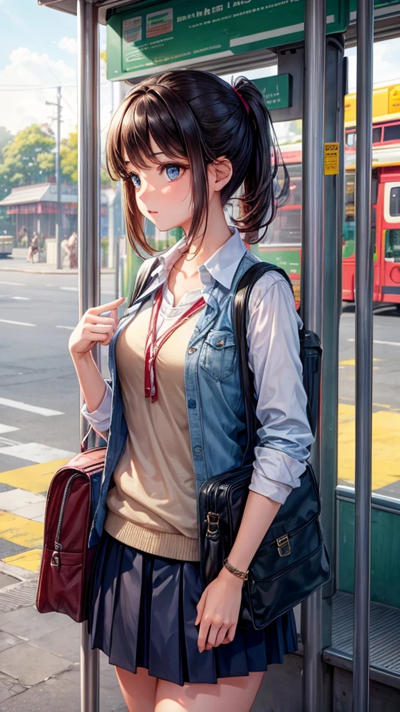 A beautiful girl looking at a boy at the bus stand