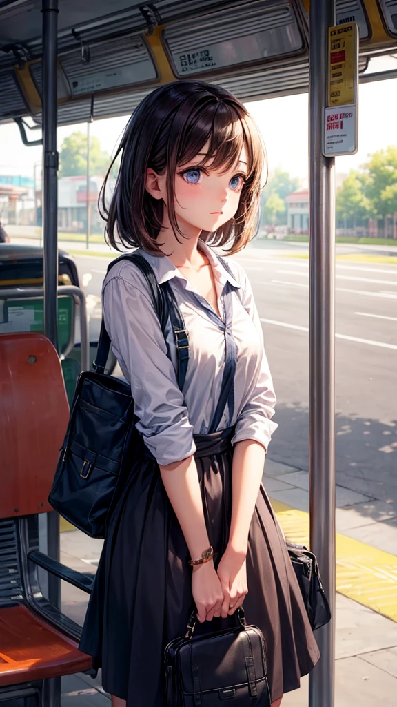 A beautiful girl looking at a boy at the bus stand