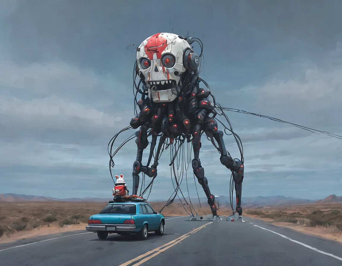 sst, road, Car with canoe, A tall mech with a toy face, wire, A small mecha drone human with red eyes, Jesus Christ, Kneel and pray to the heavens, In front of the beautiful Horizonte