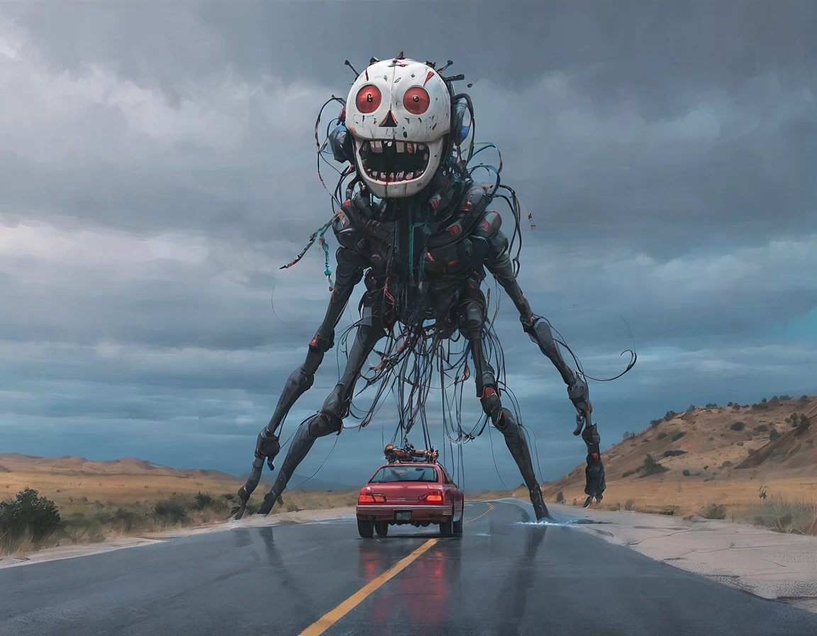 sst, road, Car with canoe, A tall mech with a toy face, wire, A small mecha drone human with red eyes, Jesus Christ, Kneel and pray to the heavens, In front of the beautiful Horizonte