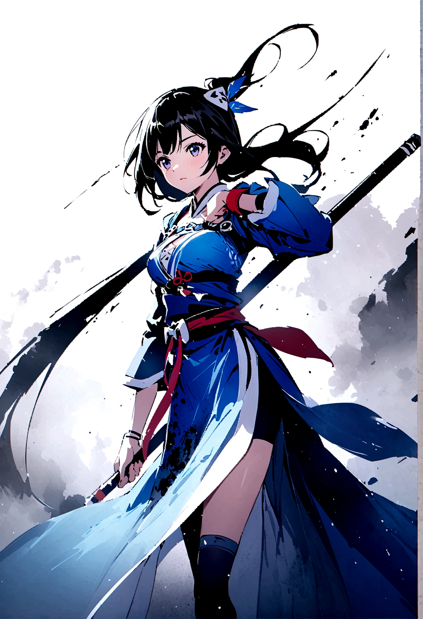 Artistic ink painting,Three-dimensional ink painting,Minimalism,Minimalist graphics,Minimal Art,Cold anime girl,whole body,Chinese style,antiquity,Ink Painting,Blue robe,Black long hair,Black and white background,古韵White Space,White Space,大面积White Space,Texture Matte,Low saturation,Minimalist composition,Master composition