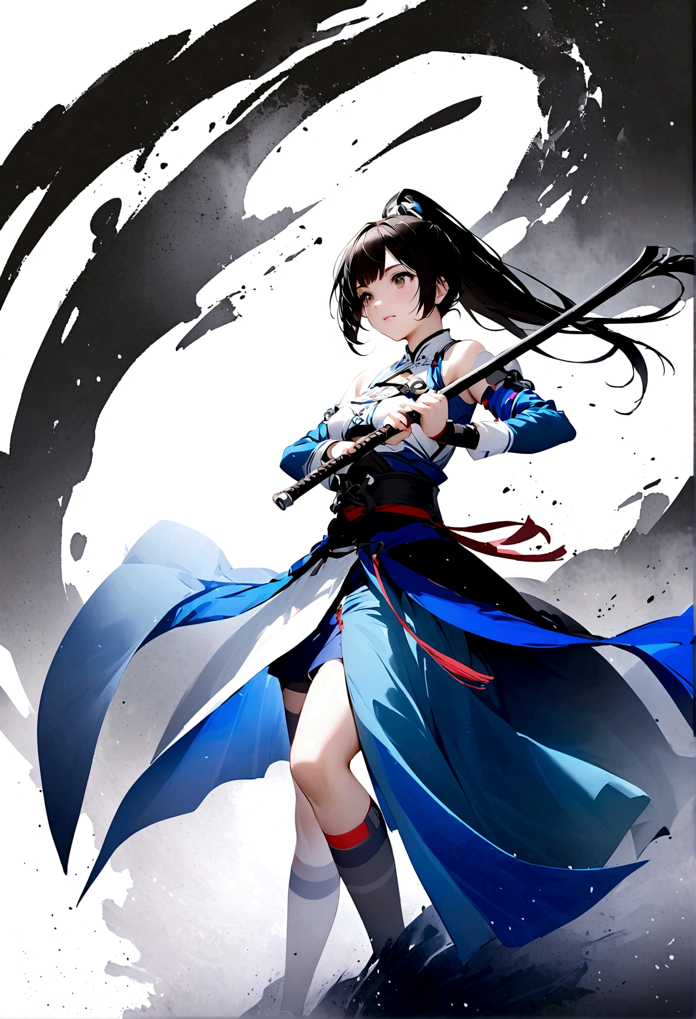 Artistic ink painting,Three-dimensional ink painting,Minimalism,Minimalist graphics,Minimal Art,Cold anime girl,whole body,Chinese style,antiquity,Ink Painting,Blue robe,Black long hair,Black and white background,古韵White Space,White Space,大面积White Space,Texture Matte,Low saturation,Minimalist composition,Master composition