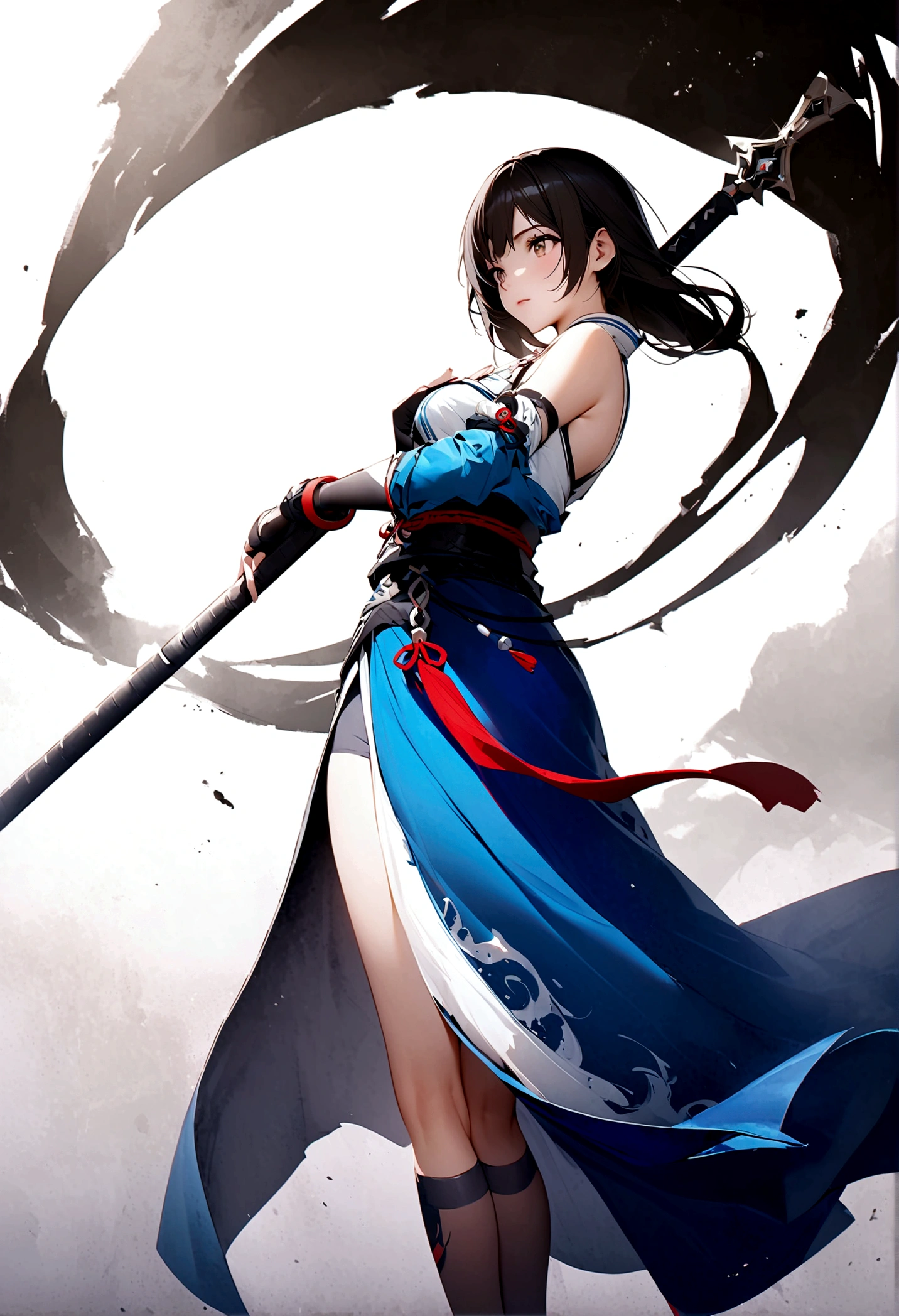 Artistic ink painting，Three-dimensional ink painting，Minimalism，Minimalist graphics，Minimal Art，Cold anime girl，whole body，Chinese style，antiquity，Ink Painting，Blue robe，Black long hair，Black and white background，古韵White Space，White Space，大面积White Space，Texture Matte，Low saturation，Minimalist composition，Master composition