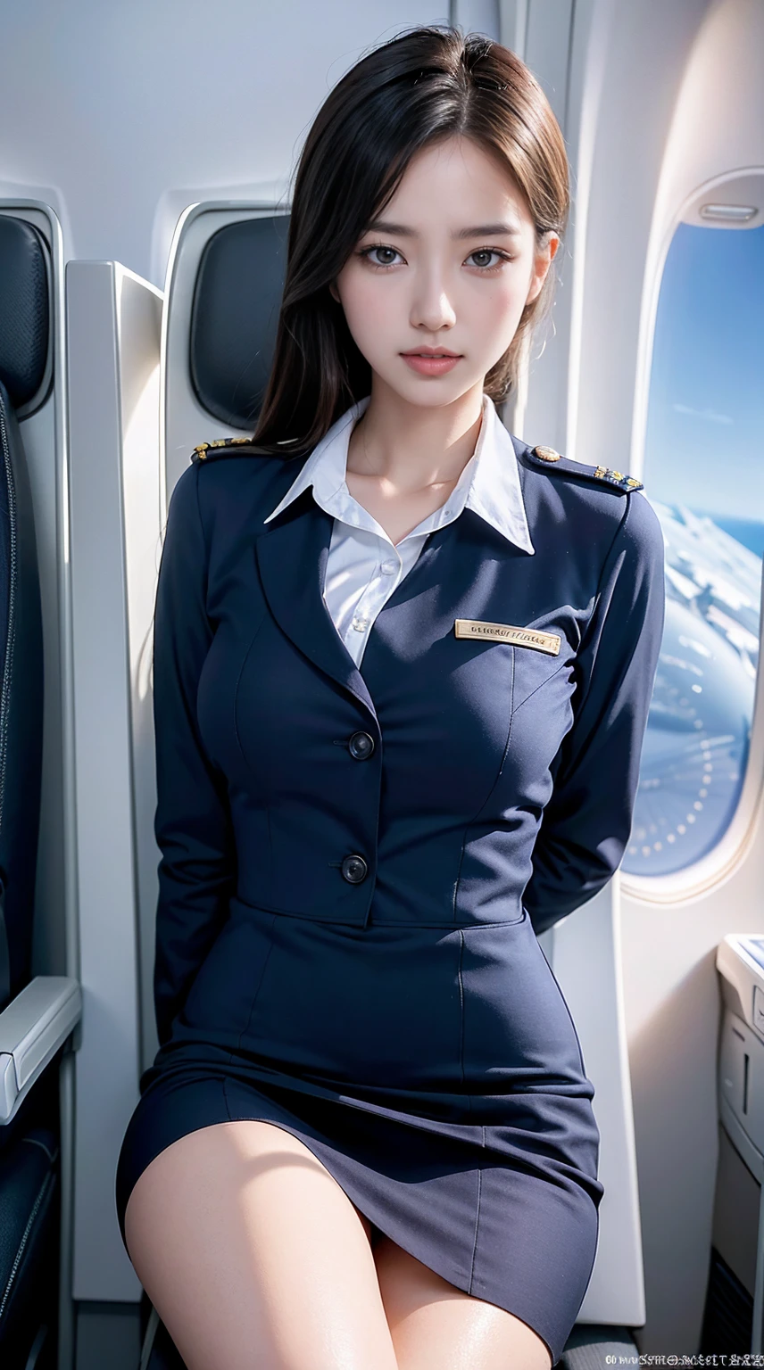 top quality, masterpiece, 8K, ultra high definition, (realistic: 1.4), 1 girl, beautiful face, symmetrical eyes, big, perfect body proportions, stewardess uniform, The beholder's gaze, (inside the airplane: 1.2), front view, shoulder jump, absolute area (1.3),