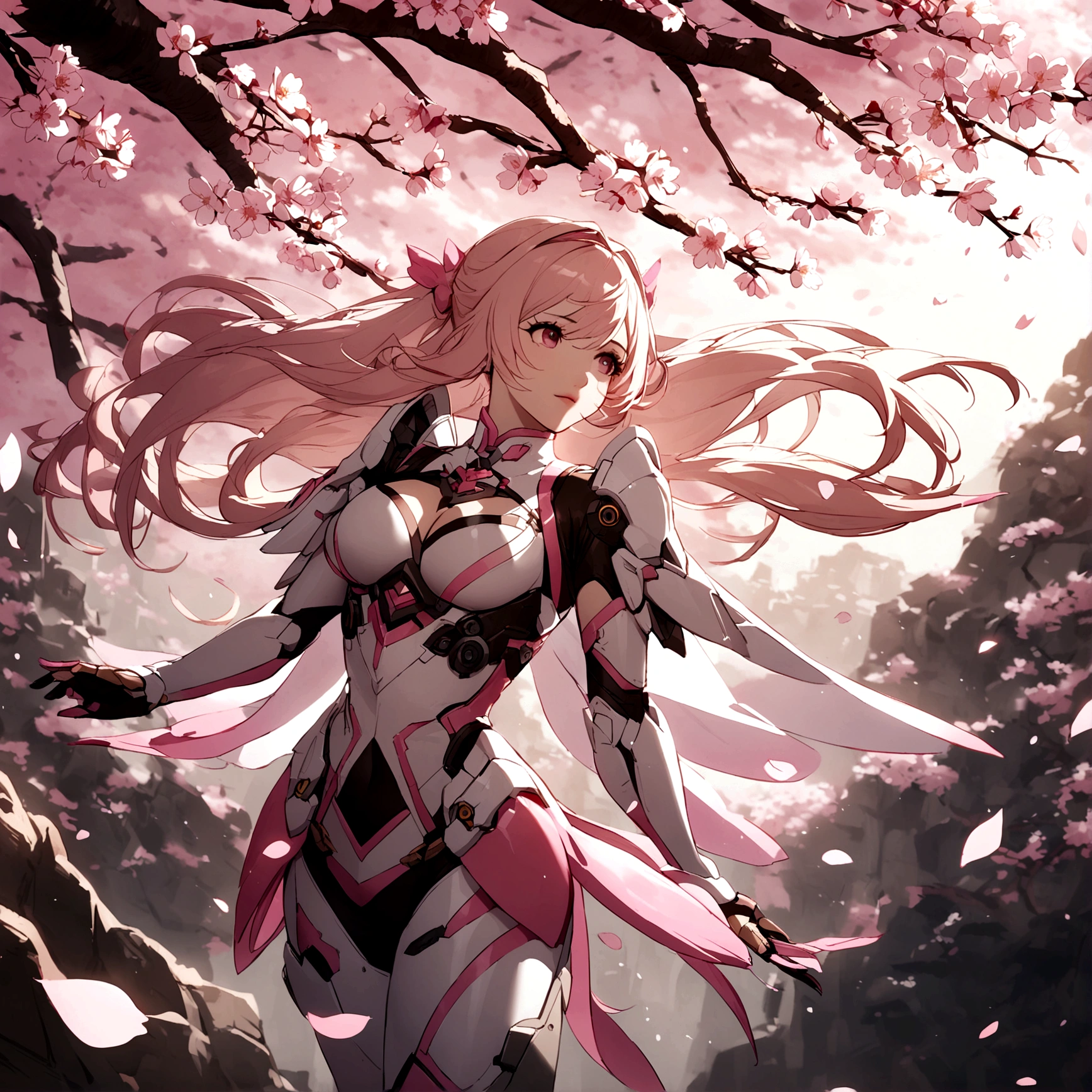 Pink mercy with long hair from overwatch surrounded by cherry blossoms in flight