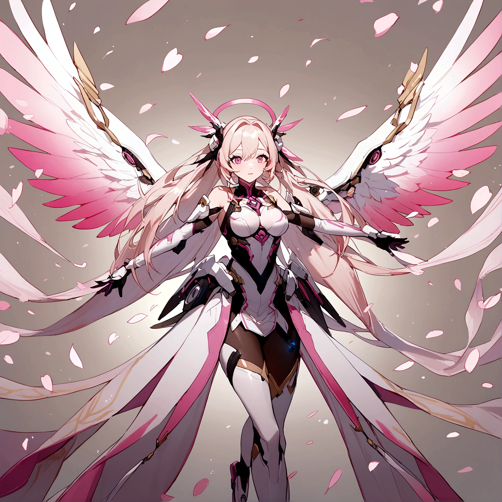 Pink mercy with long hair from overwatch surrounded by cherry blossoms in flight