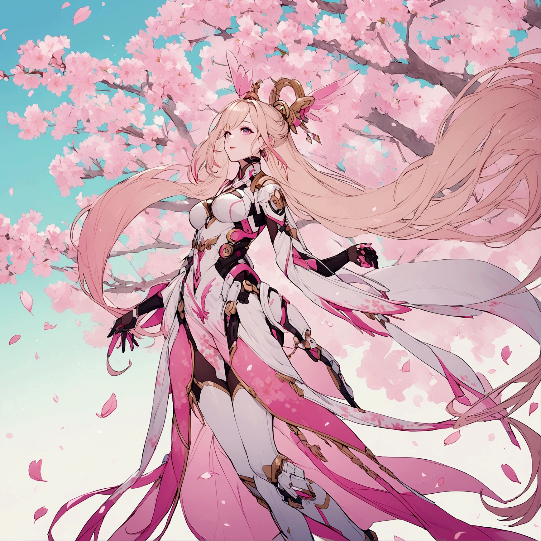 Pink mercy with long hair from overwatch surrounded by cherry blossoms in flight