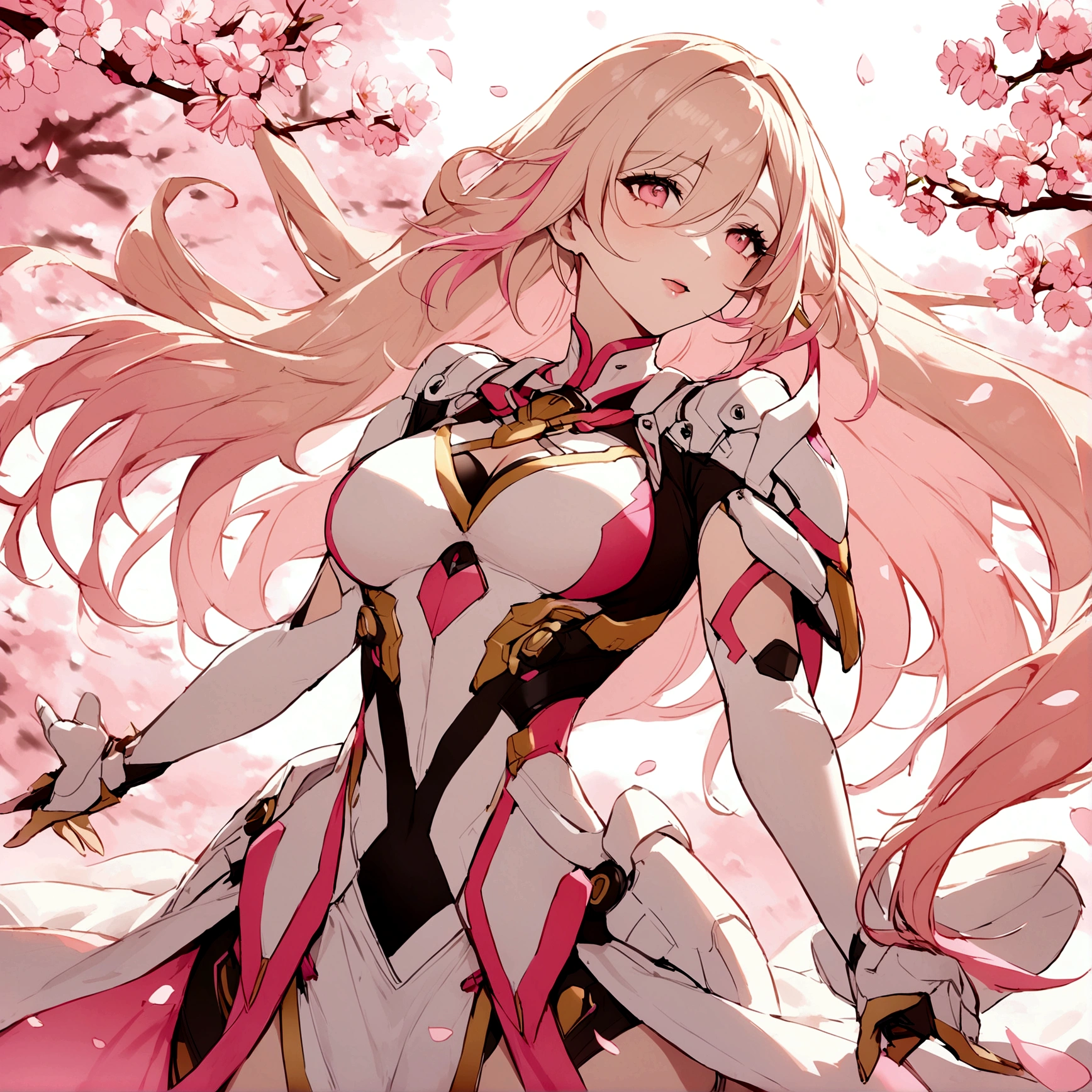 Pink mercy with long hair from overwatch surrounded by cherry blossoms in flight