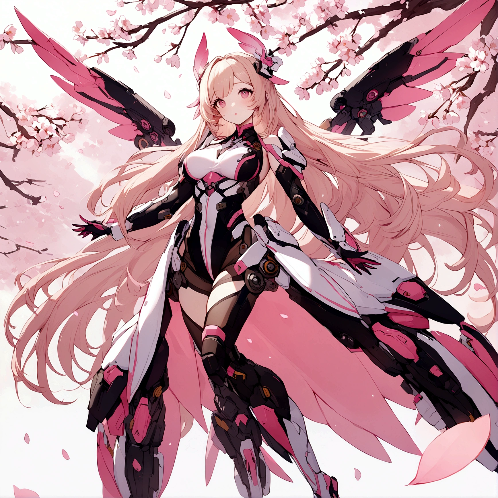 Pink mercy with long hair from overwatch surrounded by cherry blossoms in flight