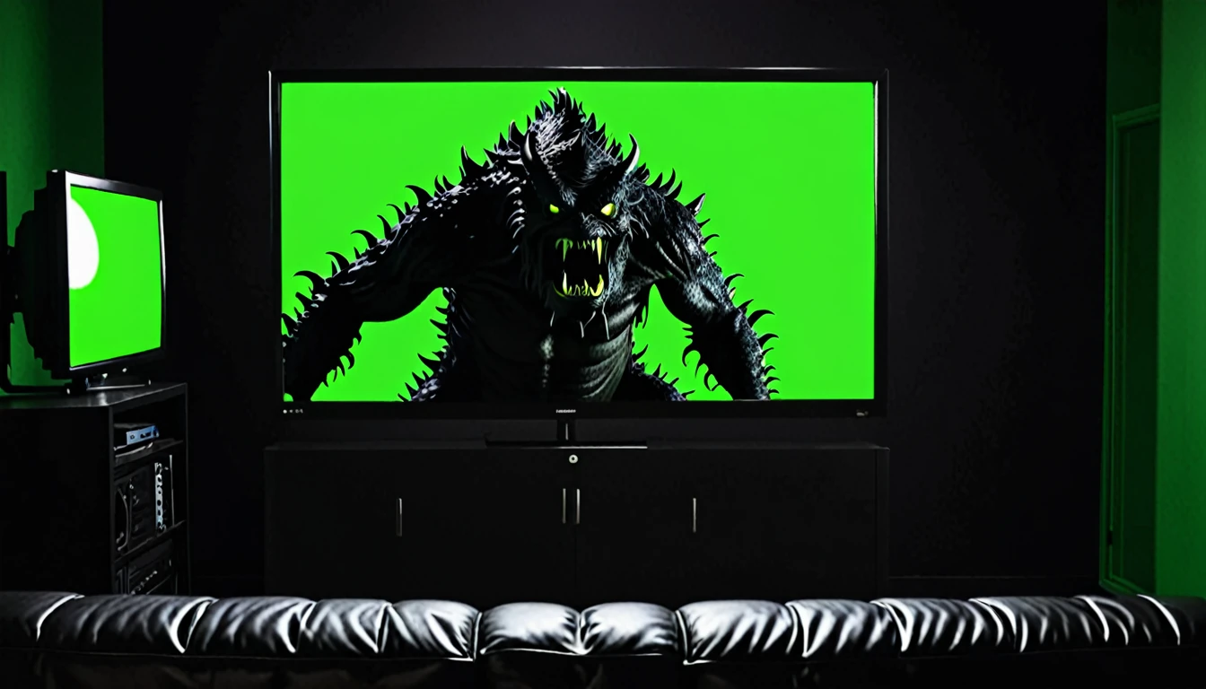 DangerousMysterious dark back side monster watching green screen in TV background dark 