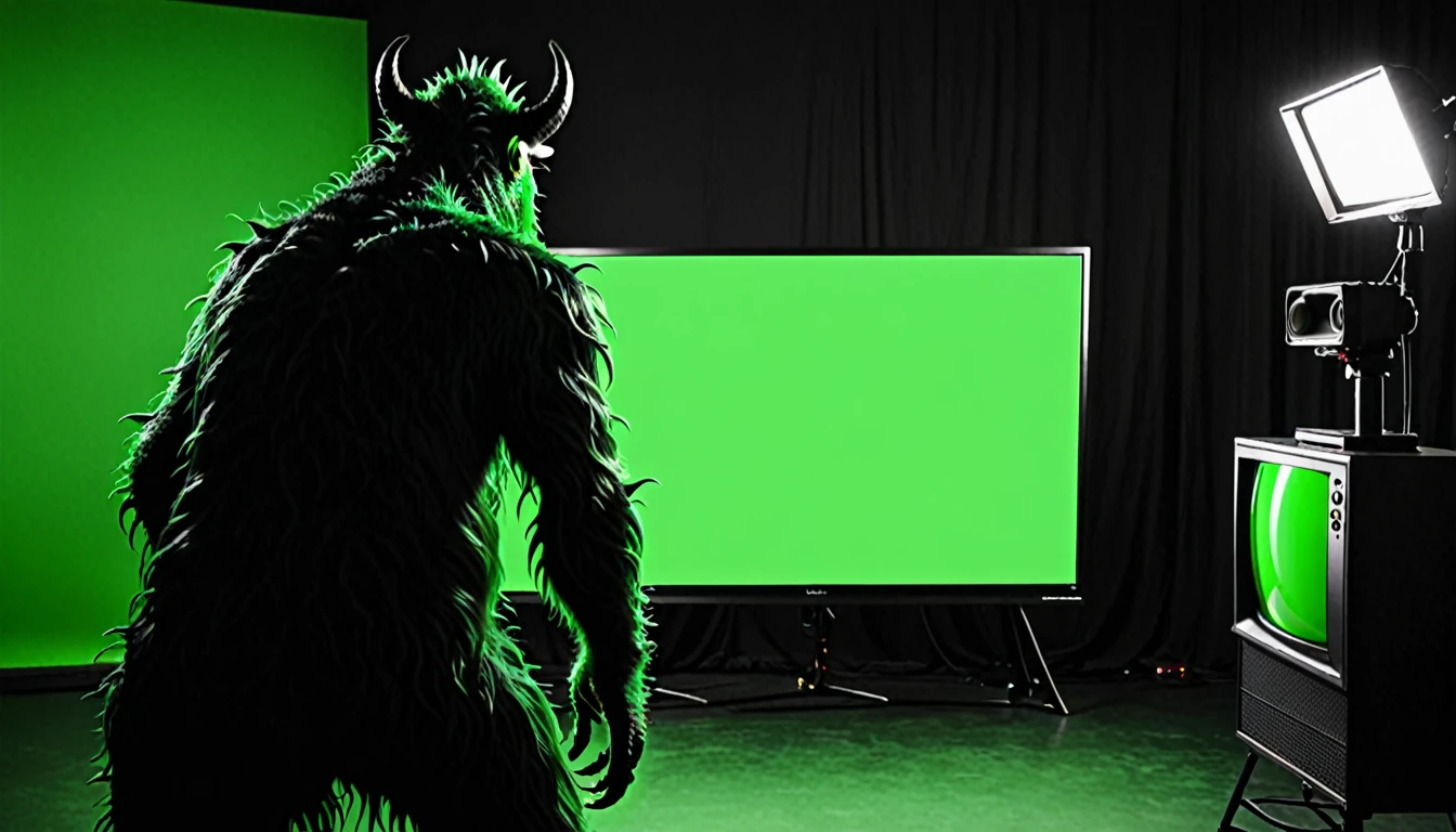 DangerousMysterious dark back side monster watching green screen in TV background dark 